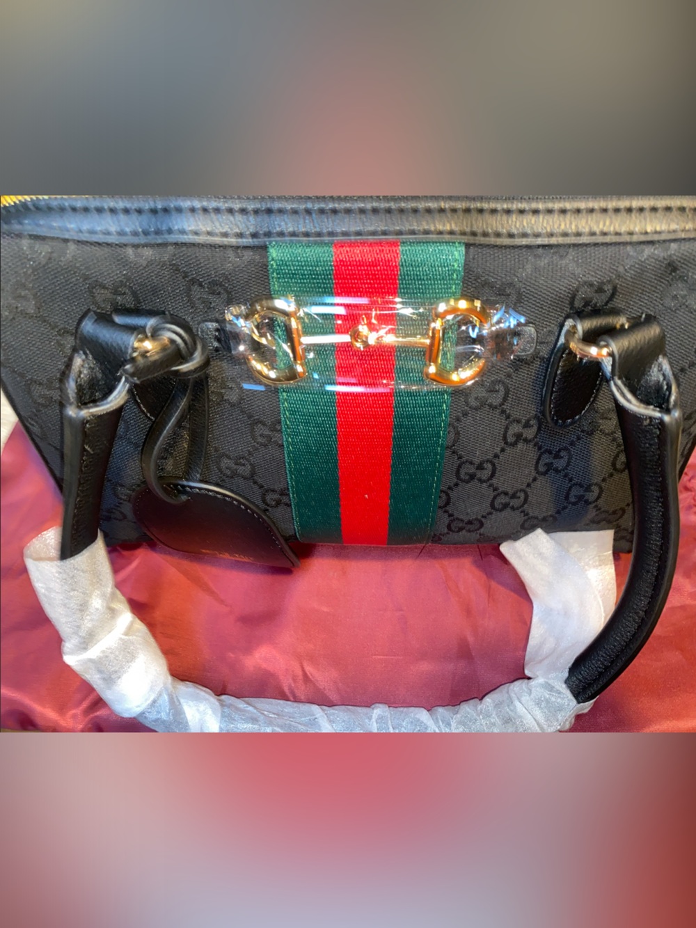Gucci Black GG Canvas Shoulder Bag with Red and Green Web